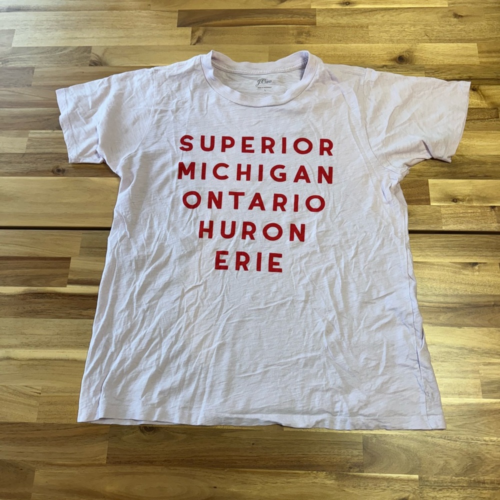 J. Crew Women’s Great Lakes Large T Shirt Light Pink Red Lettering Cotton